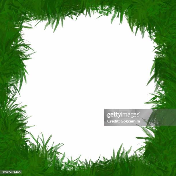 hand drawn green meadow background. natural frame isolated background. foliage frame greeting card template with green grass. vector floral border design element for easter greeting card. forest background vector. beautiful green landscape. - weeding stock illustrations