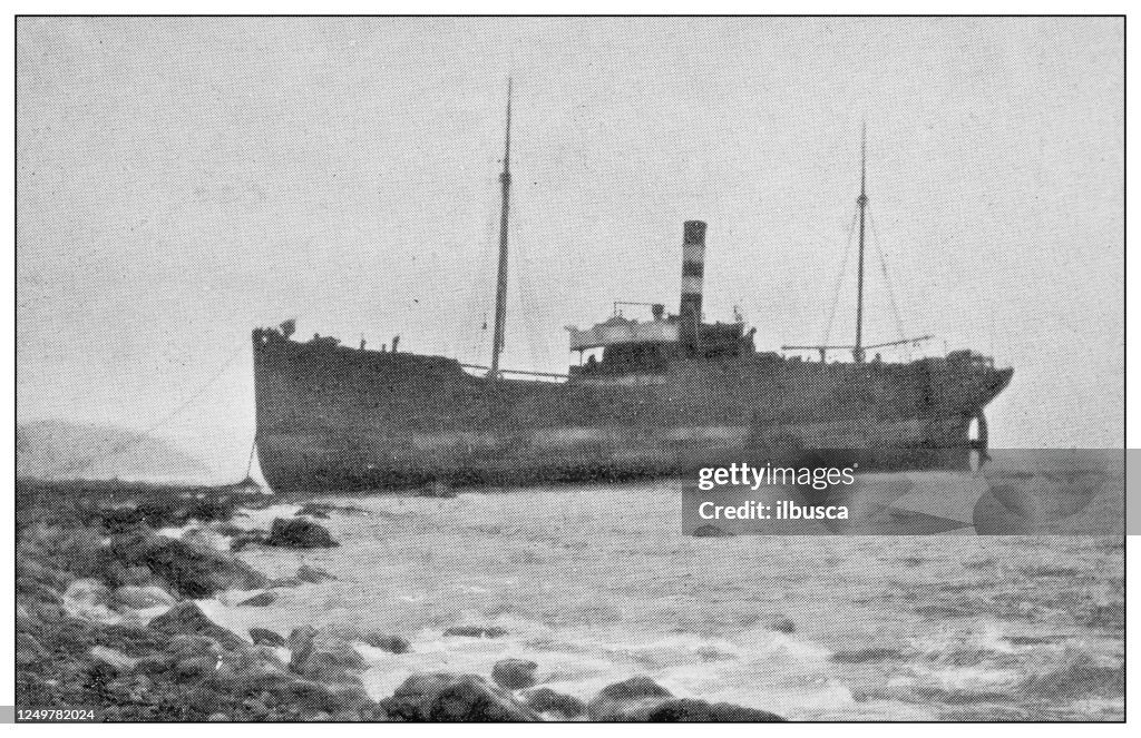 Antique photograph of British Navy and Army: SS Stuart ashore in Weymouth bay