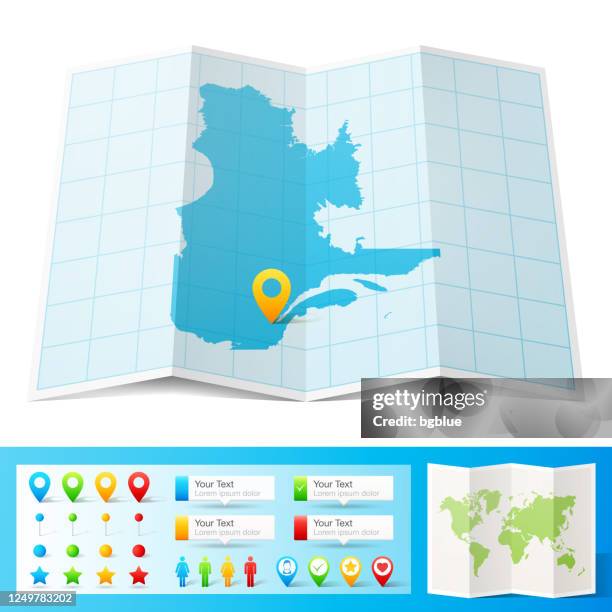 quebec map with location pins isolated on white background - people in quebec city stock illustrations