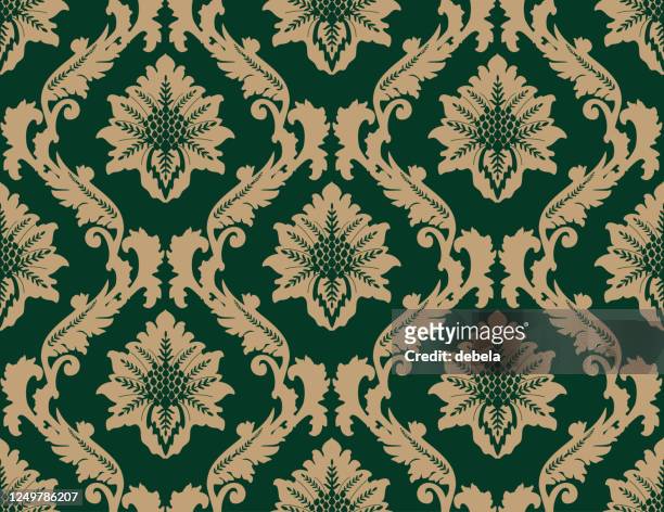 ilustraciones, imágenes clip art, dibujos animados e iconos de stock de verde damasco patrón textil decorativo de lujo - tejido adamascado
