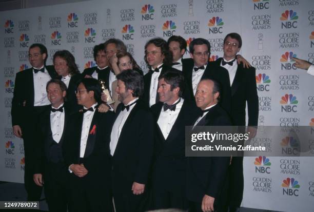 American-British actress Gillian Anderson, American screenwriter Chris Carter and American actor David Duchovny pose with 'The X-Files' cast and crew...