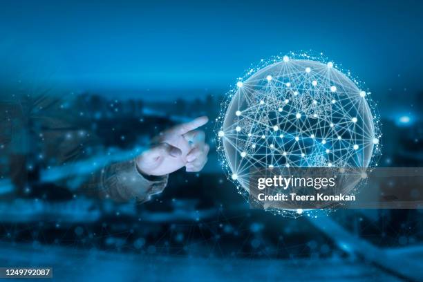 businessmen point to the world that is sending data around the world through fast high speed internet access - center for asian american media stock pictures, royalty-free photos & images