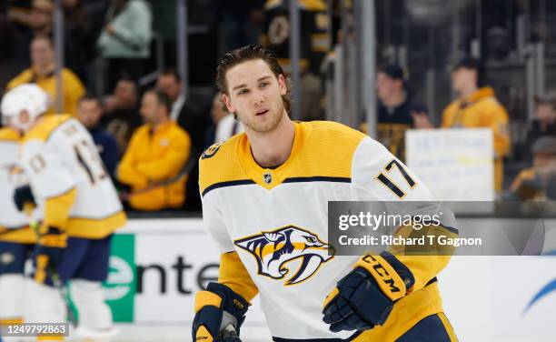 Mark Jankowski of the Nashville Predators skates in warm-ups prior to the game against the Boston Bruins at the TD Garden on March 28, 2023 in...