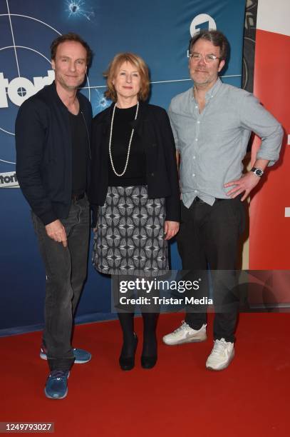 Mark Waschke, Corinna Harfouch and Robert Thalheim attend the "Tatort: Nichts als sie Wahrheit" photocall at Delphi Filmpalast on March 28, 2023 in...