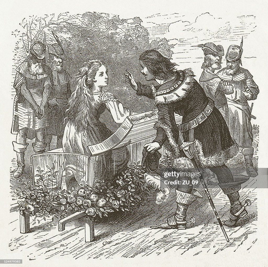 Snow White awakens, wood engraving, published in 1873