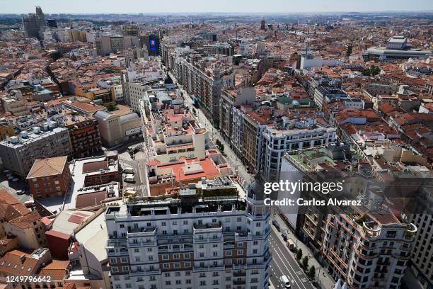 General view of the Gran Via street from the terrace of the Riu Plaza España Hotel after it had been closed for three months due to the coronavirus...