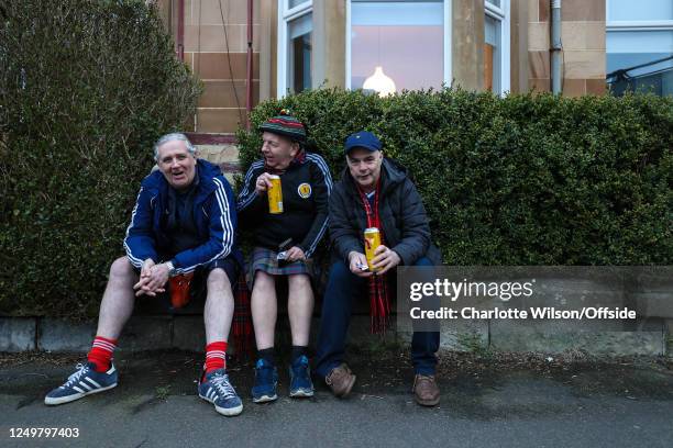 Scottish fans with cans of beer ahead of the UEFA EURO 2024 qualifying round group A match between Scotland and Spain at Hampden Park on March 28,...