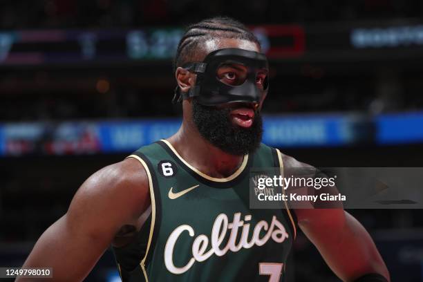 Jaylen Brown of the Boston Celtics looks on during the game against the Washington Wizards on March 28, 2023 at Capital One Arena in Washington, DC....