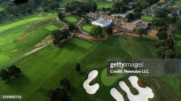 An aerial view of the clubhouse and part of the Bethpage Black golf course, in Bethpage State Park in New York on October 1, 2018. ,