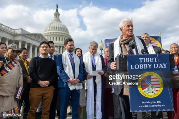 Actor and Chair of the International Campaign for Tibet Richard Gere speaks during a press conference supporting Tibet outside the U.S. Capitol on...