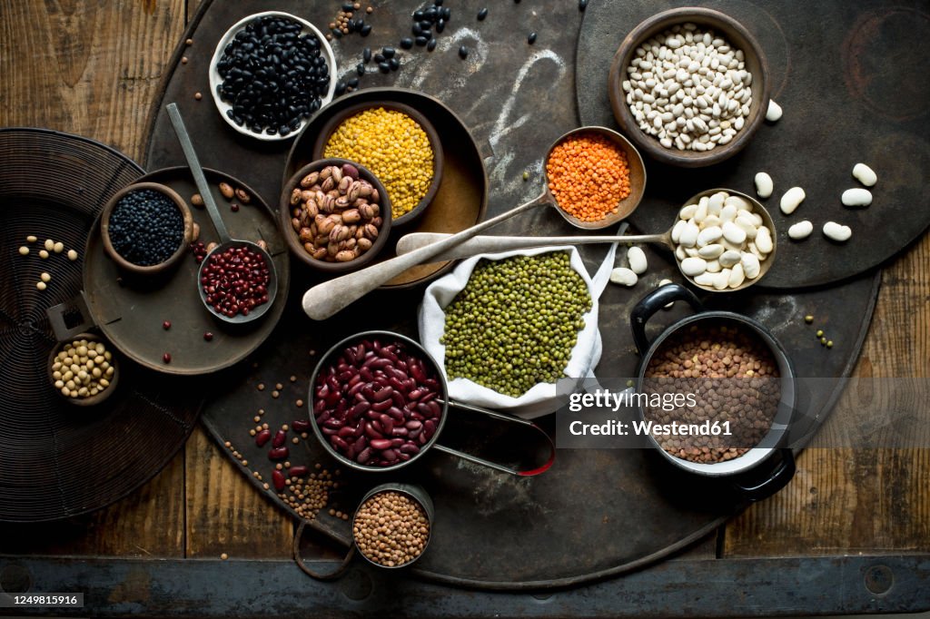 Bowls with various beans and lentils on rustic baking sheet