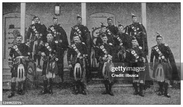 antique photograph of british navy and army: 1st battalion gordon highlanders - bagpipes stock illustrations