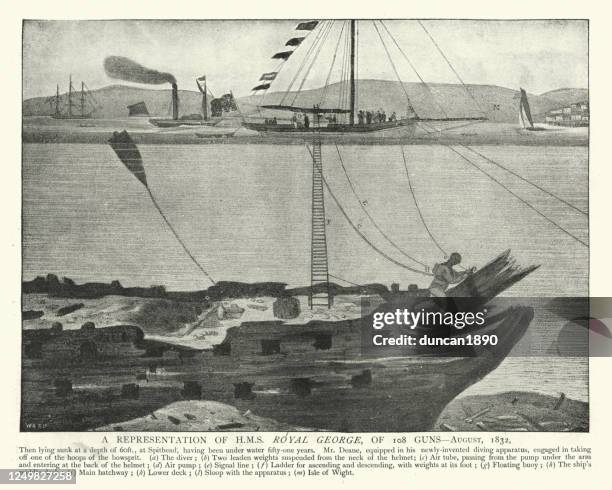underwater diver exploring a sunken warship, hms royal george - diving suit stock illustrations