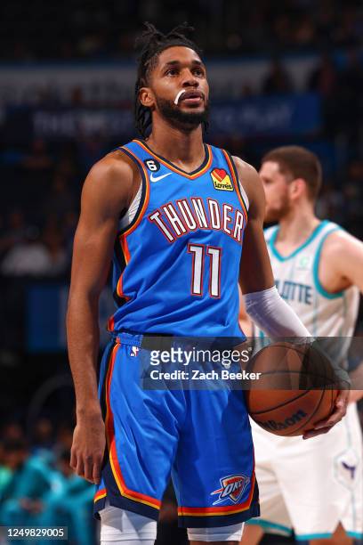 Isaiah Joe of the Oklahoma City Thunder shoots a free throw during the game on March 28, 2023 at Paycom Arena in Oklahoma City, Oklahoma. NOTE TO...