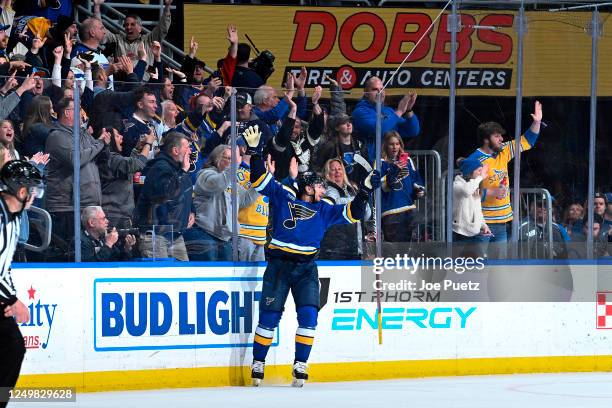 Jakub Vrana of the St. Louis Blues reacts after scoring the game winning goal in overtime against the Vancouver Canucks at the Enterprise Center on...