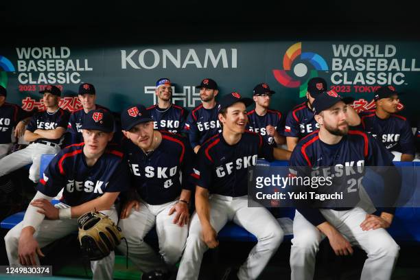 Members of Team Czech Republic look on from the dugout prior to Game 6 of Pool B between Team Czech Republic and Team Japan at Tokyo Dome on...