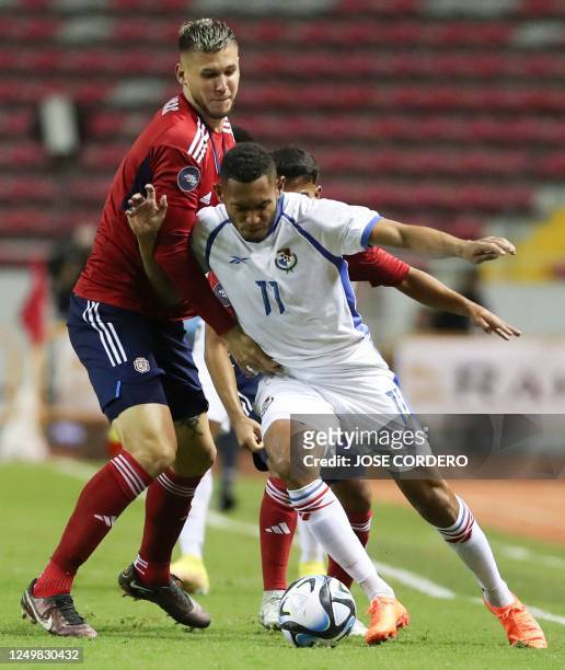 Panama's Ismael Diaz vies for the ball with Costa Rica's Juan Pablo Vargas during their Concacaf Nations League football match at National stadium in...