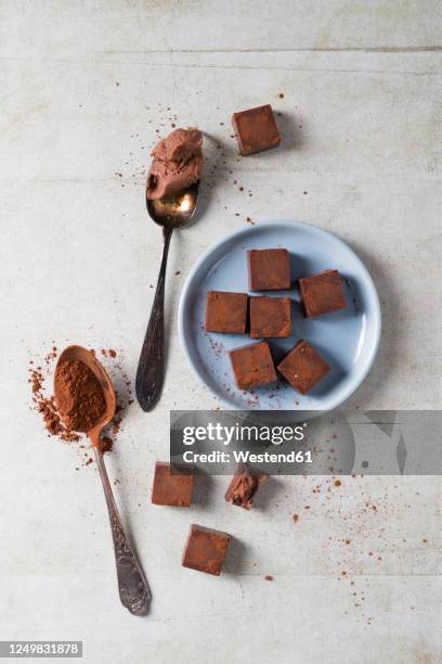 two teaspoons and bunch of pralines with chocolate ganache - praline stock pictures, royalty-free photos & images