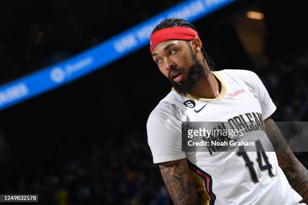 Brandon Ingram of the New Orleans Pelicans looks on during the game against the Golden State Warriors on March 28, 2023 at Chase Center in San...