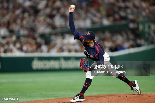 Ondrej Satoria of Team Czech Republic pitches in the first inning during Game 6 of Pool B between Team Czech Republic and Team Japan at Tokyo Dome on...