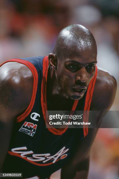 Kevin Garnett, Power Forward for the United States during the Men's National Team Pre-Olympic Qualifying Tournament basketball game against Canada on...