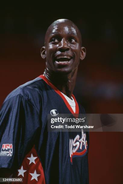 Kevin Garnett, Power Forward for the United States during the Men's National Team Pre-Olympic Qualifying Tournament basketball game against Canada on...