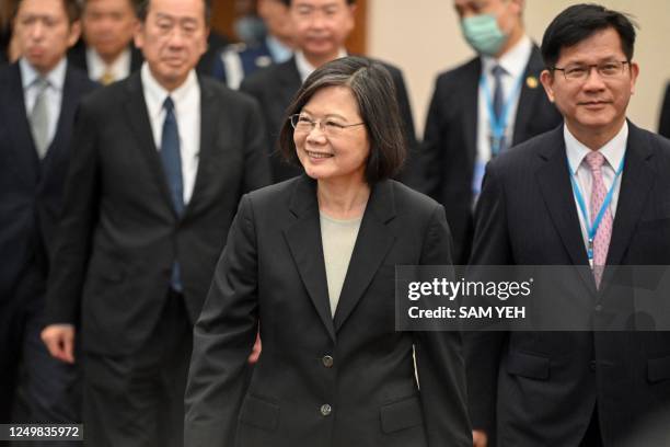 Taiwan President Tsai Ing-wen arrives at the boarding gate of the international airport in Taoyuan on March 29, 2023. - Tsai was due to leave for the...