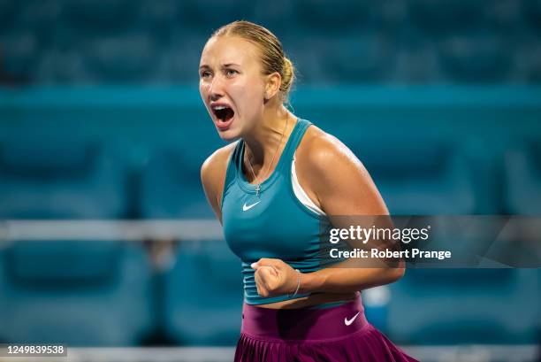 Anastasia Potapova in action against Jessica Pegula of the United States in her quarter-final match on Day 10 of the Miami Open at Hard Rock Stadium...