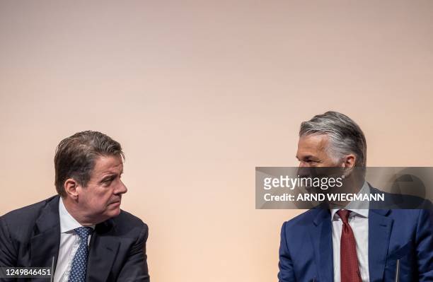 Chairman Colm Kelleher and newly appointed UBS CEO Sergio Ermotti speaks togather during a press conference in Zurich on March 29, 2023. - UBS...
