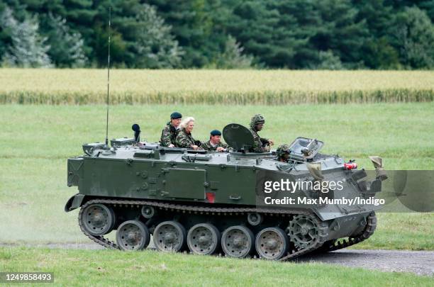 Camilla, Duchess of Cornwall rides in a Bulldog Armoured Personnel Carrier as she visits 4 Rifles to observe a field training exercise at Kiwi...
