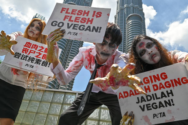 Activists from People for the Ethical Treatment of Animals dressed as zombies pose for photographers, during a photo stunt to protest against meat...