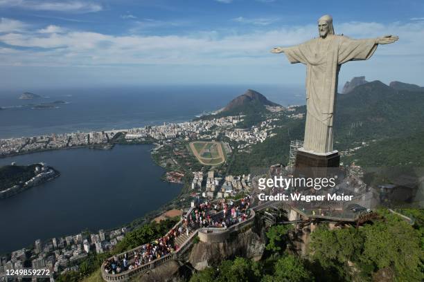 Aerial view of FIFA Women's World Cup Trophy at Christ the Redeemer Statue as part of the FIFA Women's World Cup Tour ahead of the Australia - New...