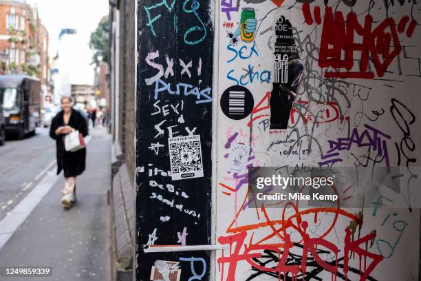 Doorway full of old scrawled graffiti and tags on 27th March 2023 in London, United Kingdom. The government recently announced that it will be...