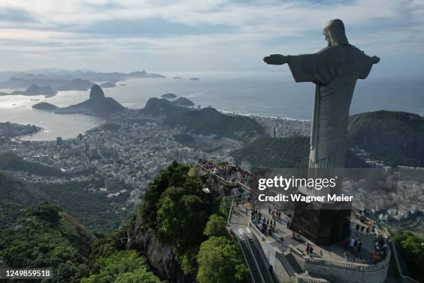 Aerial view of FIFA Women's World Cup Trophy at Christ the Redeemer Statue as part of the FIFA Women's World Cup Tour ahead of the Australia - New...