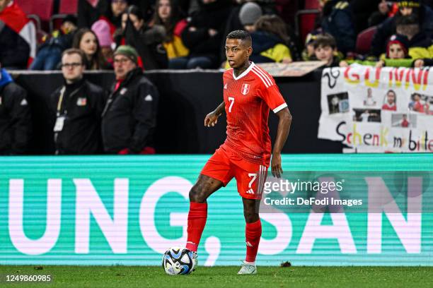 Andy Polo of Peru controls the Ball during an international friendly match between Germany and Peru at MEWA Arena on March 25, 2023 in Mainz, Germany.