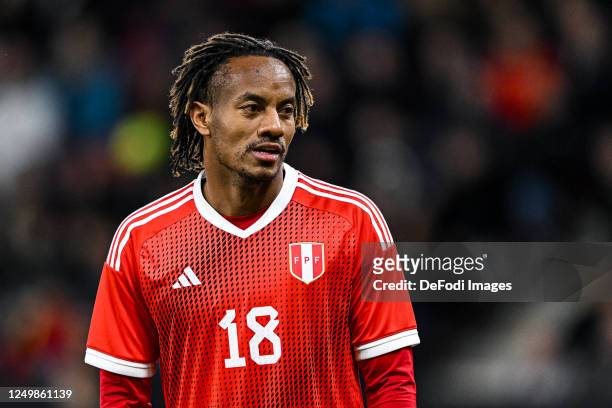Andre Carillo of Peru Looks on during an international friendly match between Germany and Peru at MEWA Arena on March 25, 2023 in Mainz, Germany.
