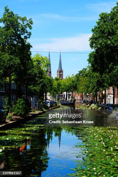achterom street with canal, church towers and reflections, delft, the netherlands - delft stock pictures, royalty-free photos & images