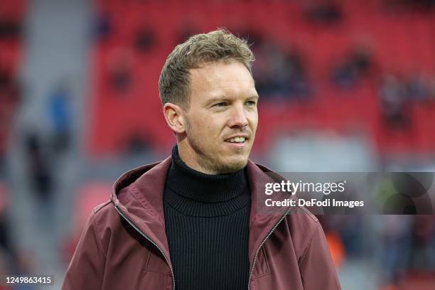 Head coach Julian Nagelsmann of Bayern Muenchen looks on during the Bundesliga match between Bayer 04 Leverkusen and FC Bayern München at BayArena on...