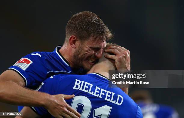 Andreas Voglsammer of Bielefeld celebrates scoring his team's second goal with Fabian Klos during the Second Bundesliga match between DSC Arminia...