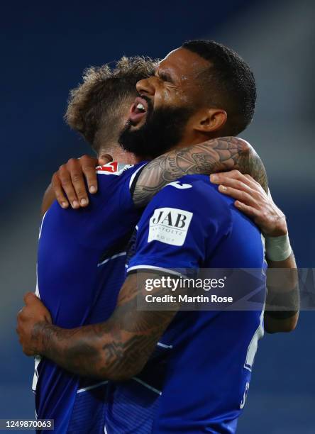 Cebio Soukou of Bielefeld celebrates scoring his team's fourth goal during the Second Bundesliga match between DSC Arminia Bielefeld and SG Dynamo...