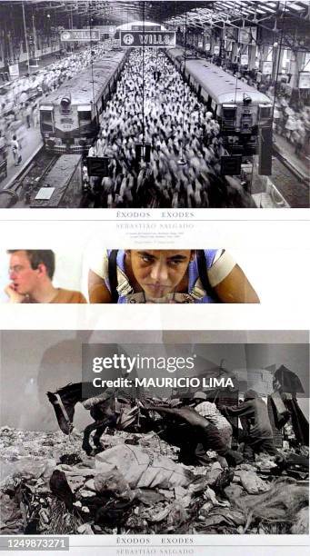 Woman observes photos in the "Exodus" exhibition by Brazilian photographer Sebastiao Salgado in the Industrial Federation Cultural Center of Sao...