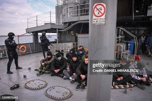 Romanian border police forces take part in an exercise of detaining people of unknown origin during "SEA SHIELD 2023" military exercise planned and...