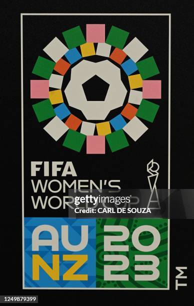 The logo of the New Zealand and Australia 2023 Women's World Cup is displayed in Rio de Janeiro, Brazil on March 29, 2023. - The Women's World Cup...