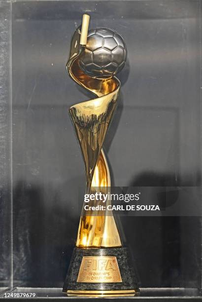 View of the FIFA Women's World Cup trophy in front of the Christ the Redeemer statue in Rio de Janeiro, Brazil on March 29, 2023. The Women's World...