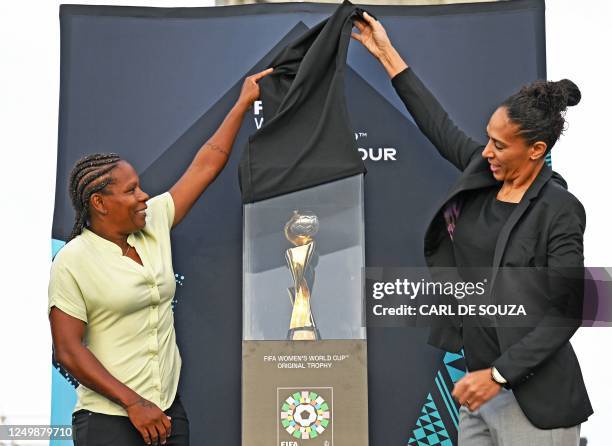 Former Brazilian national women's team football player Aline Pellegrino and Brazilian midfielder Miraildes Maciel Mota uncover the FIFA Women's World...