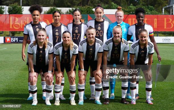 Germany players pose for a team photo before the start of the UEFA Women's Under-17 Championship Estonia 2023 qualification match between Portugal...