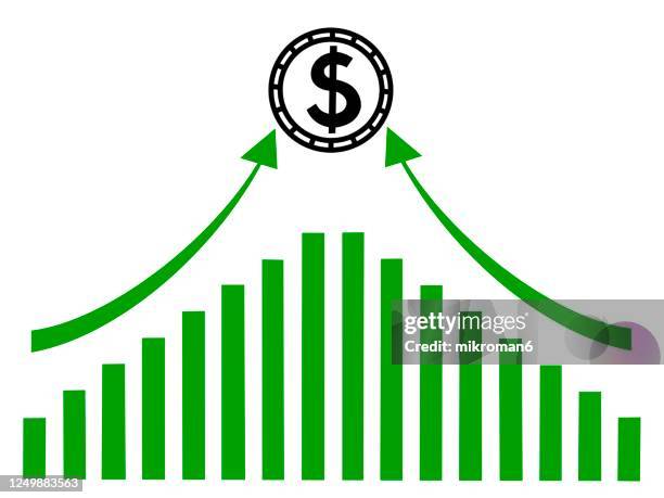 drawing a chart with up arrows and dollar coin - business strategy white background stock pictures, royalty-free photos & images