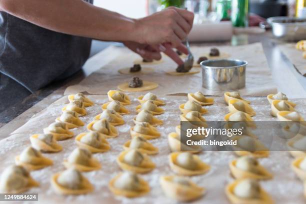 woman making homemade tortellini - tortellini stock pictures, royalty-free photos & images
