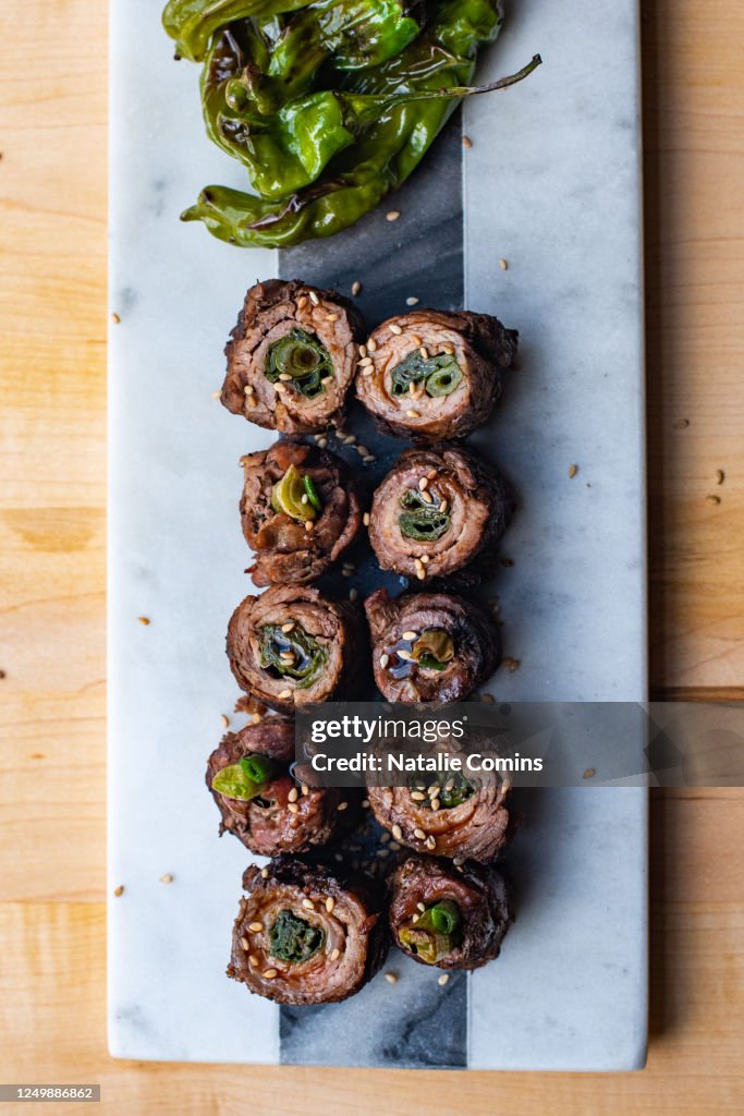 Negimaki with grilled shishito peppers