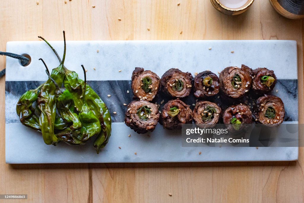 Negimaki with grilled shishito peppers